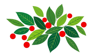 Green leaves and red berries isolated on transparent background create a pattern