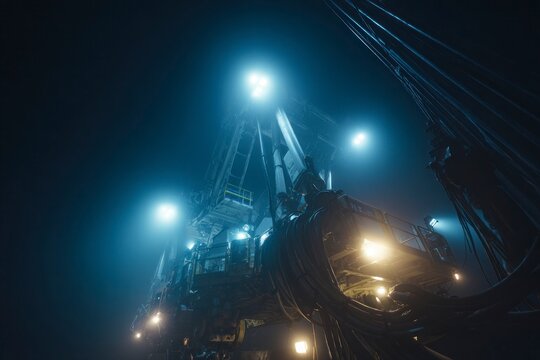 Gigantic industrial deep sea platform with heavy cables, futuristic concept of mining, resilience, energy and sustainable technology.