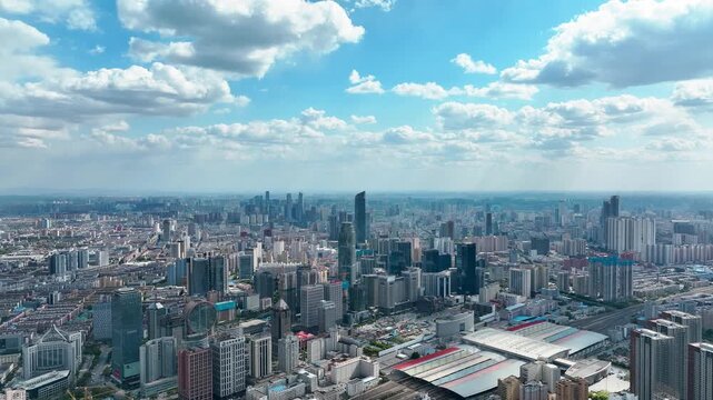Aerial View of Shenyang CBD Skyline with Railway Station Complex, Northeast China
