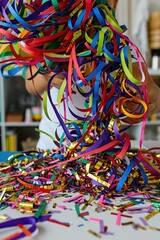 Fototapeta premium Direct view of a vivid carnival scene with colorful streamers and confetti