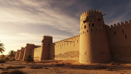 Historic desert fortress with imposing walls and many towers surrounded by palm trees under a bright sunrise sky