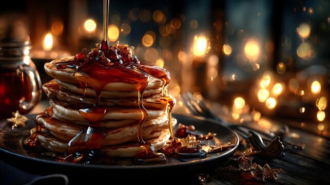 Stack of golden pancakes with syrup drizzling under cozy lights, perfect for breakfast menus, seasonal food blogs