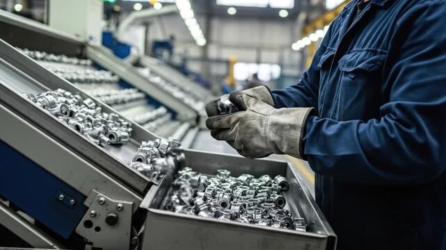 Factory worker handling metal components on an assembly line
