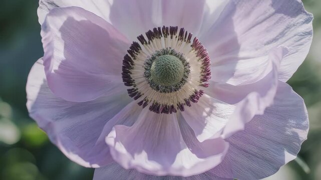 Delicate pastel poppy center with dark stamen and light petals