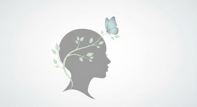 A stylized illustration of a human head with a butterfly on it.