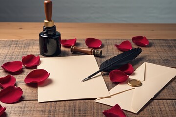 Valentine arrangement with handwritten love letter ivory parchment, red rose petals