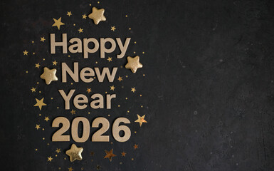 Gold lettering Happy New Year 2026 surrounded by gold stars on black background with copy space