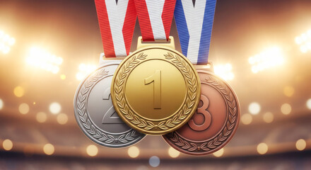 Gold, silver, and bronze medals displayed prominently with vibrant lighting, symbolizing achievement and competition in sports events and athletic excellence