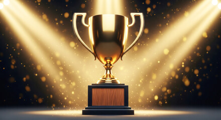 Golden trophy illuminated by dramatic lighting, showcasing achievement and success in a celebratory atmosphere with sparkling bokeh effects