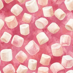 Watercolor seamless pattern of delicate marshmallows on a pink background