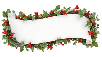 Christmas banner with holly and berries isolated on transparent background