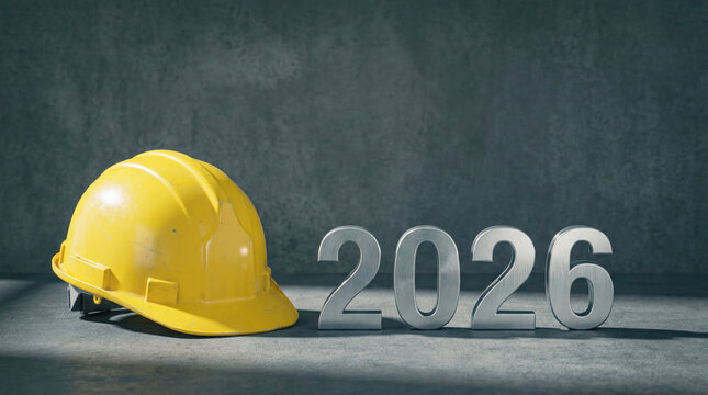 Yellow hard hat beside metallic numbers 2026 on textured concrete surface, symbolizing new beginnings and construction themes for the upcoming year