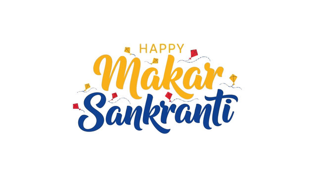 Happy Makar Sankranti festival celebration with colorful text and kites.