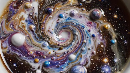 galaxy swirl in porcelain coffee cup barista-inspired latte art with dark espresso base, colorful milk clouds, tiny planetary droplets and starry speckles, glossy ceramic rim, cozy cafe mood