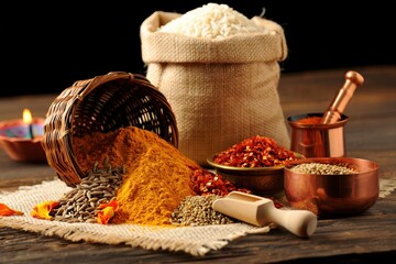 Harvest festival still life with Indian spices and rice on rustic fabric