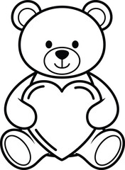 Cute teddy bear holding heart symbol, perfect for Valentine’s Day, love concept, children’s design, black and white vector art.