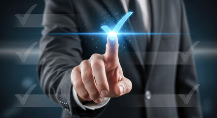 Businessman using digital interface to select options with glowing check marks, showcasing modern technology and decision-making process