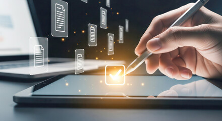 Hand using stylus on tablet screen with digital documents and checkmark icons, illustrating modern technology and digital documentation process