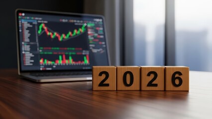 Business and investment concept for 2026 with financial charts on laptop and wooden year blocks on desk