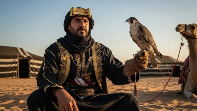 Man in traditional arabic clothing holding a falcon on his hand in a desert camp at golden hour. United Arab Emirates UAE national day