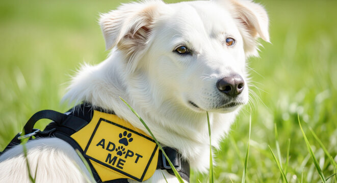 White dog wearing adopt me harness sitting in green grass, showcasing the importance of pet adoption and companionship in a natural setting