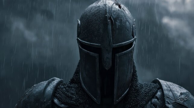 Ancient Warrior in the Storm: An imposing armored warrior stands resolute amidst a torrential downpour, embodying strength, resilience, and the spirit of battle.