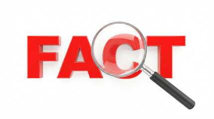Magnifying glass focusing on the bold red word FACT, symbolizing investigation, truth, and clarity in information and knowledge exploration
