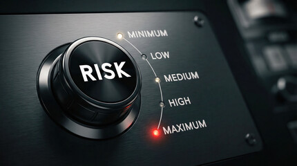 Risk control dial on a sleek black panel, showcasing various levels from minimum to maximum, emphasizing decision-making in management strategies