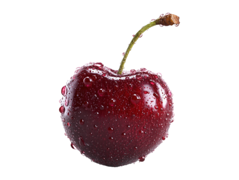 Single Fresh Red Cherry with Water Droplets Isolated on Plain Light Background.