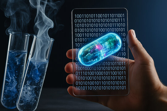 AI generated a transparent tablet showing a glowing hologram capsule with binary code and lab elements symbolizing data driven medicine and scientific precision