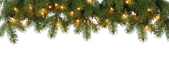 Horizontal festive border made of realistic green spruce branches adorned with warm lights, perfect for holiday-themed designs and seasonal decorations. Isolated on transparent background.