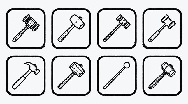 Black and white illustration of various hammers and mallets tools