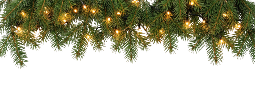 Horizontal festive border made of realistic green spruce branches adorned with warm lights, perfect for holiday-themed designs and seasonal decorations. Isolated on transparent background.