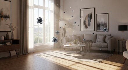 A modern, minimalist living room with a gray sofa, white walls, and a large window.