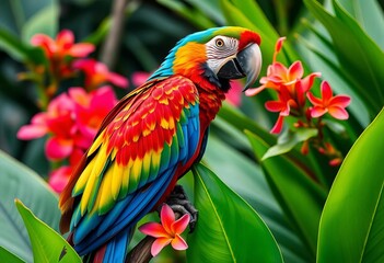 Obraz premium Vibrant macaw perched on lush tropical foliage, bright flowers, vibrant colors, colorful