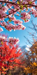 Fototapeta premium Vibrant spring blossoms unfurl, yielding to sun-drenched summer days, then fiery autumn foliage, finally peaceful winter snow, earth's rhythm, seasonal change
