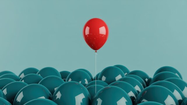 Bright red inflated sphere floats above a crowd of deep teal glossy orbs against a muted background