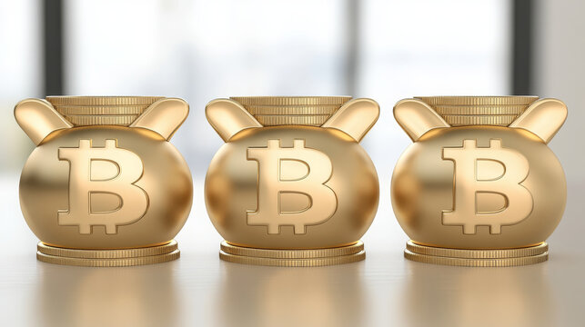 Golden bitcoin piggy banks with stacked coins symbolize cryptocurrency savings and financial - Powered by Adobe