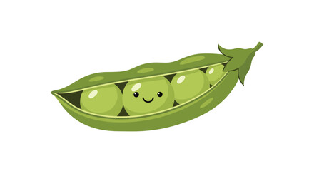 A cartoon illustration of a happy, smiling pea inside an open green pea pod with other peas, isolated on a white background.