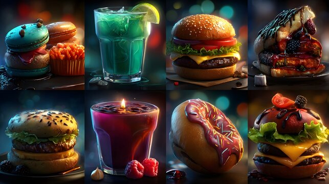 Playful mix of sweets, fruits and pizza in stylized flat look with vibrant colors, perfect for app icons, food illustrations