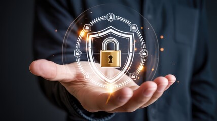 Digital security shield and glowing padlock interface hovers above an open palm