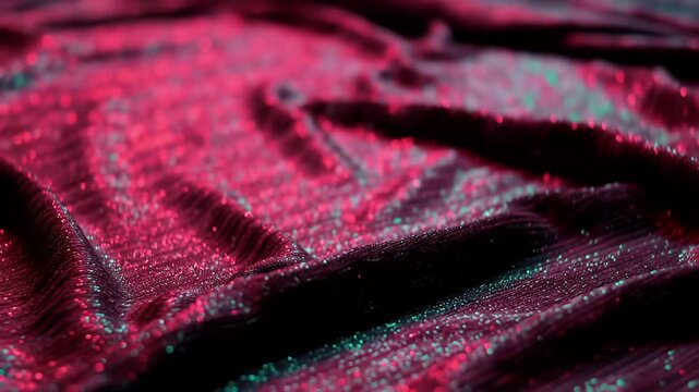 Close-up of shimmering pink and blue fabric with flowing folds.