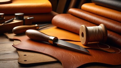 Leather workshop scene with hide, knife, thread, and tools neatly arranged.