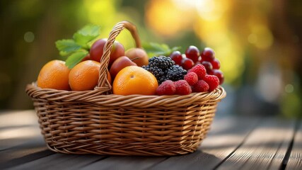 A wicker basket filled with oranges, blackberries and raspberries sits on a wooden table with a garden in the background and soft daylight. Fresh delicious fruits. Assortment of fresh berries - Powered by Adobe
