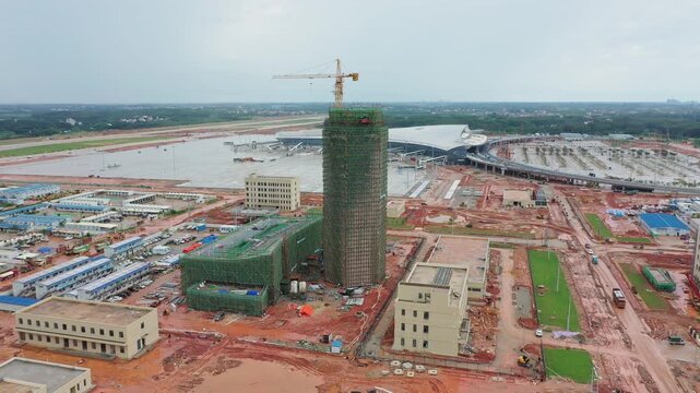 Wuchuan Airport Construction Site Aerial View Zhanjiang China Tower Crane Development Project