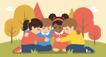 Four diverse children joyfully embrace in a warm group hug outdoors, symbolizing friendship, unity, and happy childhood moments in a vibrant autumn setting.