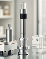 Advanced laboratory instruments array on a clean bench in a modern research space.