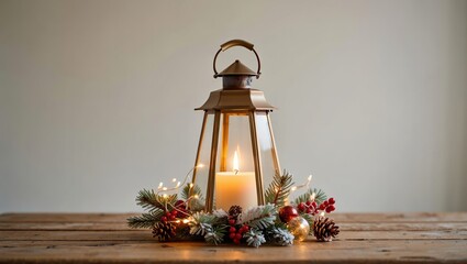 Fototapeta premium Candle lantern centerpiece festive Christmas setup with warm glow and pine sprigs