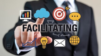 Fototapeta premium Businessman points to digital icons representing business growth, communication, and goal achievement