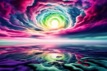 Vibrant, swirling cosmic vortex of rainbow colors opening above a reflective, surreal liquid surface under a dramatic sky
